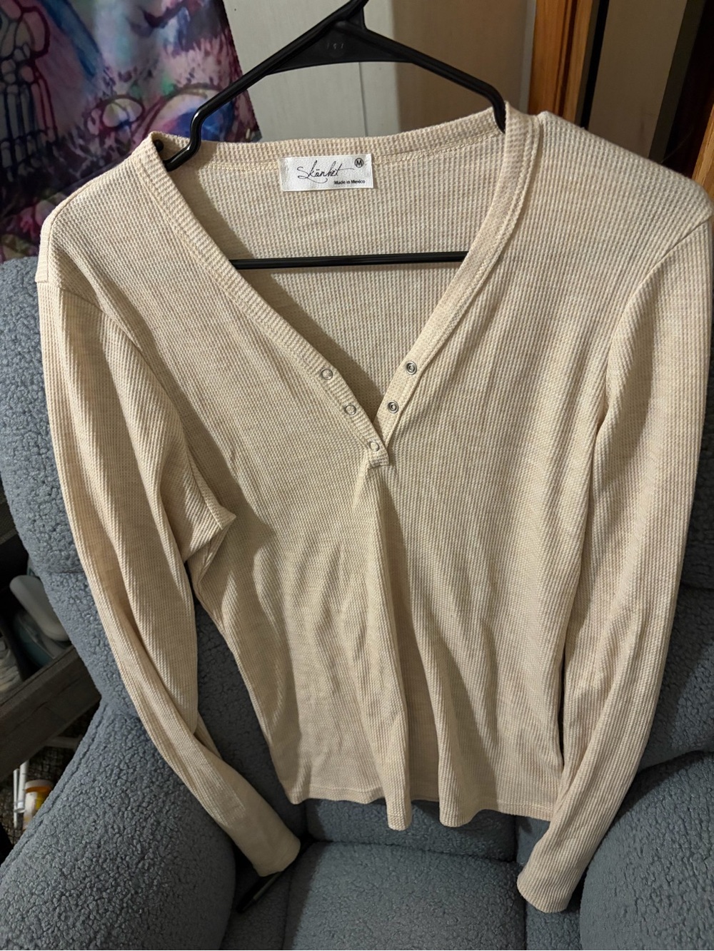 Lush Ribbed V-Neck Long Sleeve Sweater - Beige Cream